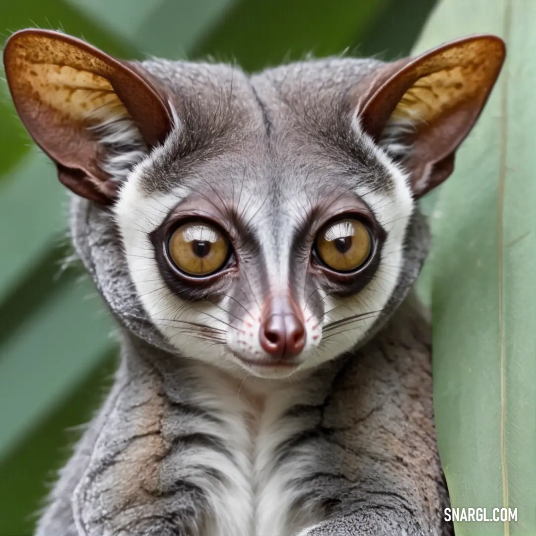 Small Galago with a big brown eye on a tree branch with leaves in the background