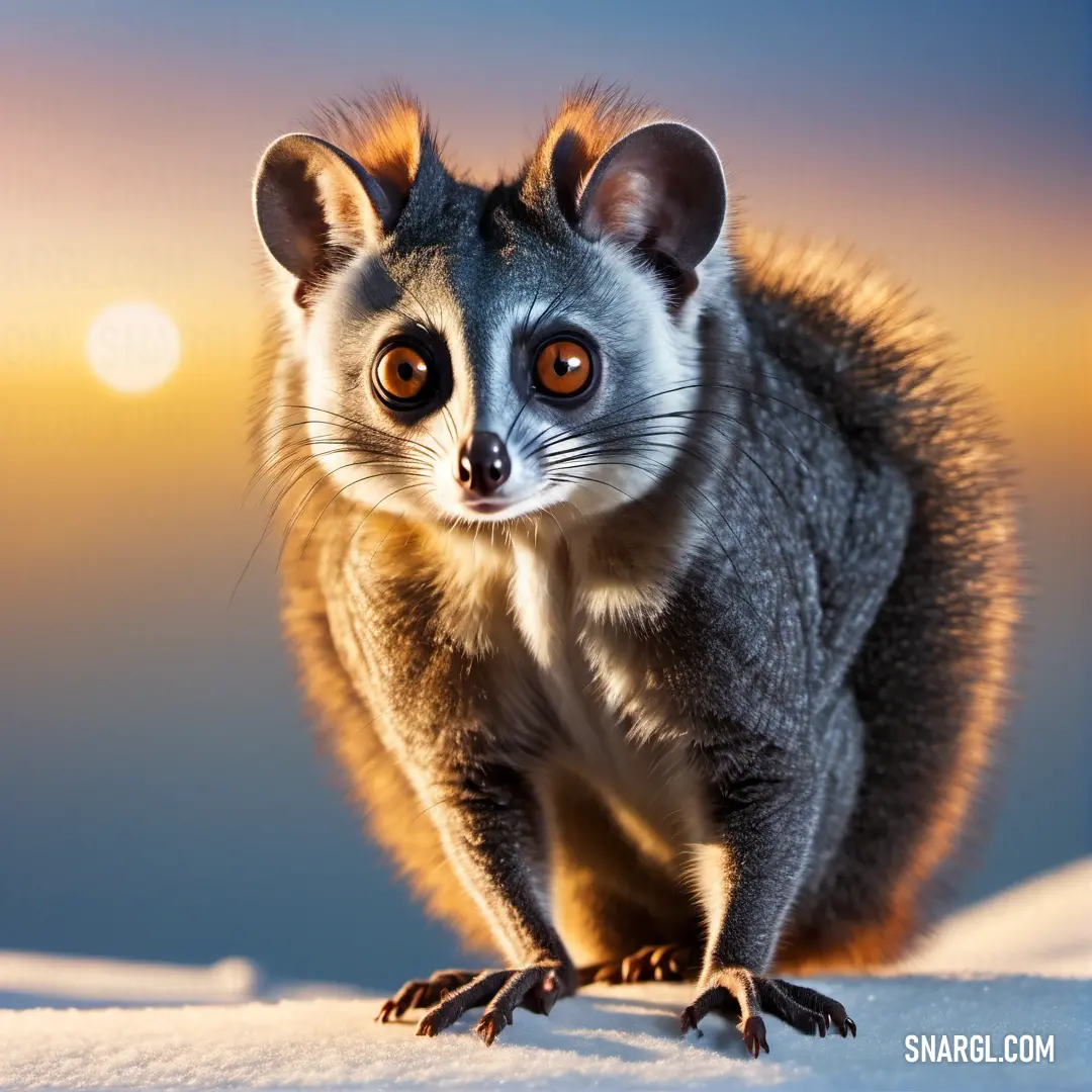 Small Galago with a long tail and a big nose standing on a snowy surface with the sun in the background