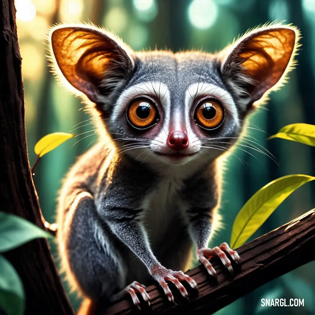 Small Galago with big eyes on a tree branch in a forest with leaves and a branch with a small branch