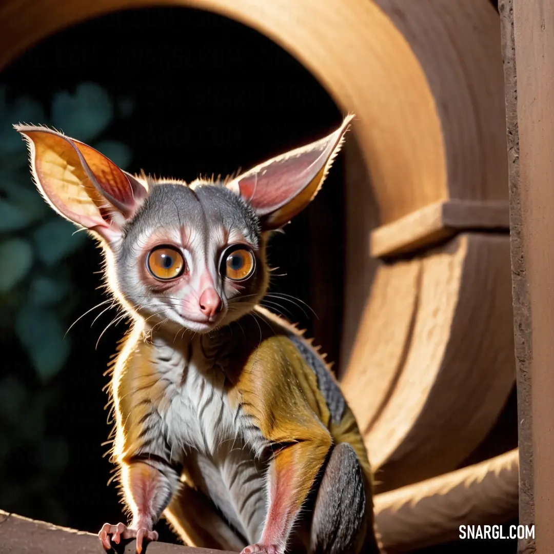 Small Galago with orange eyes on a wooden ledge in front of a wooden structure with a circular opening