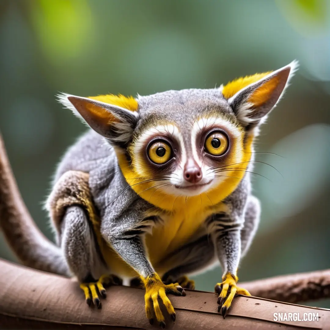 Small Galago with yellow eyes on a branch with a blurry background