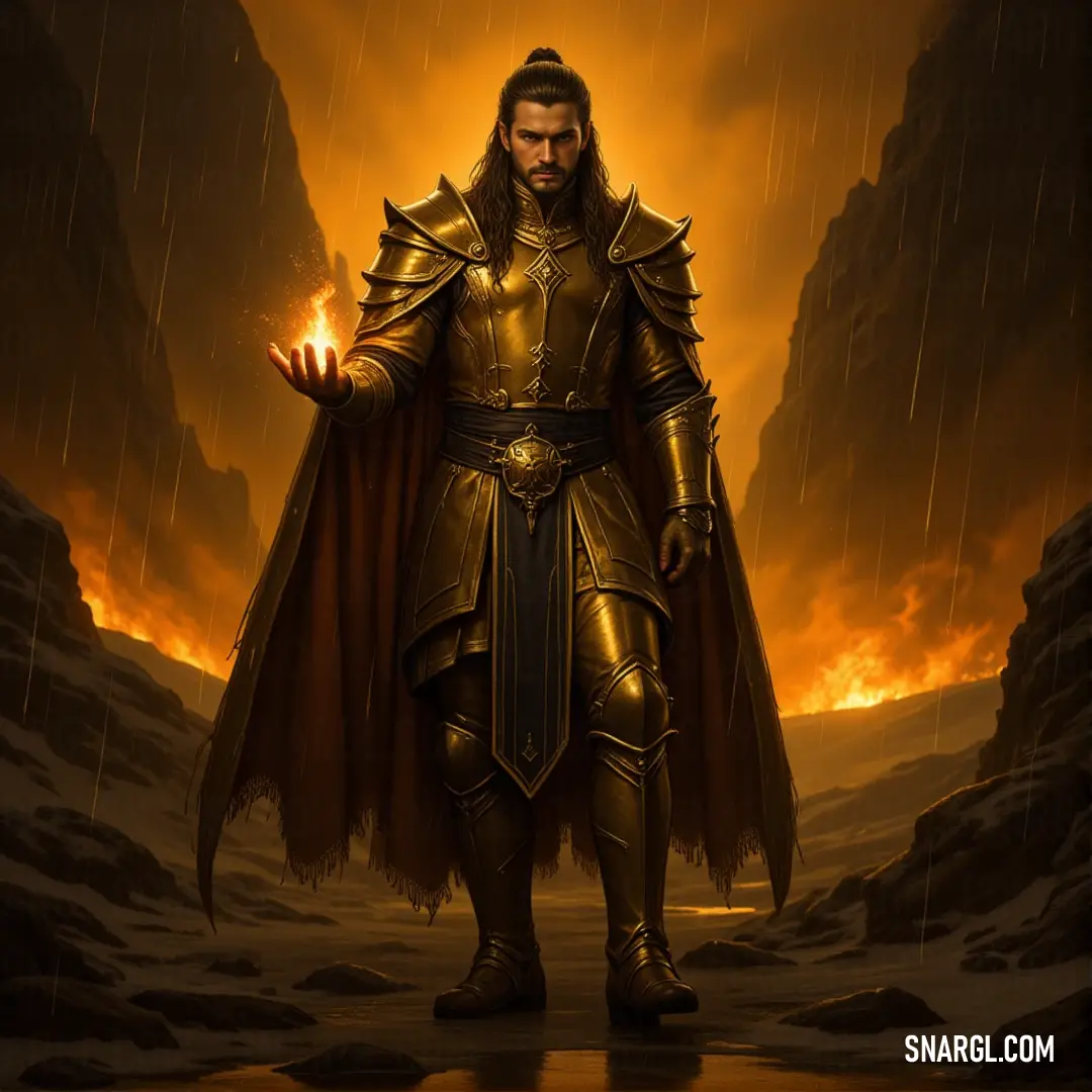 A shining knight in golden armor, standing boldly in the desert with a distant fire burning behind him, under the scorching sun. A knight in dazzling golden armor stands amidst a barren desert, the blazing sun high above. A fire flickers behind him, adding a sense of drama and intensity to the arid landscape.