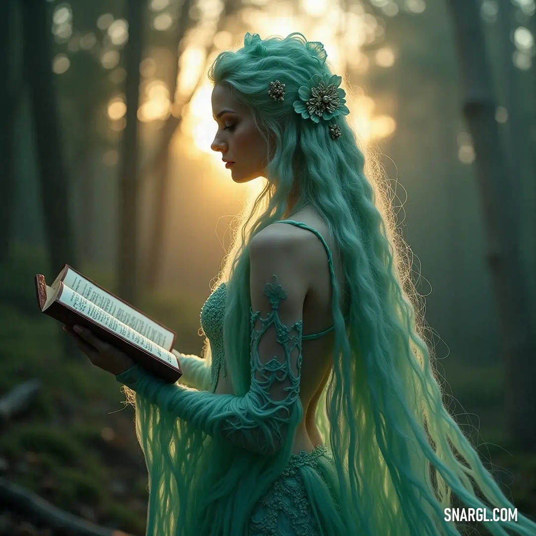 Amid the enchanting beauty of a sunlit forest, Galatea, with her flowing green hair, holds a book closely, embodying the spirit of wisdom and the allure of nature, inviting exploration. In a sunlit forest bathed in hues of orange and gold, Galatea gracefully clutches a book, her long green hair flowing freely, surrounded by whispers of nature and magic, enveloping her in a realm of knowledge.