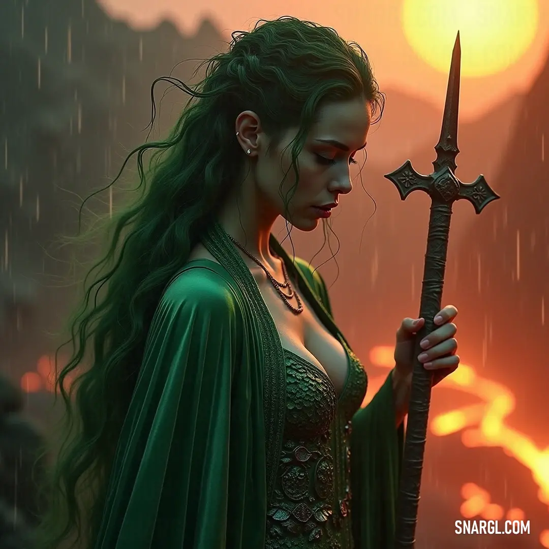 A valiant figure in a vibrant green dress holds her sword aloft against a backdrop of a stunning sunset, rain cascading around her while majestic mountains loom in the distance, illustrating a moment of courage amid the elements.