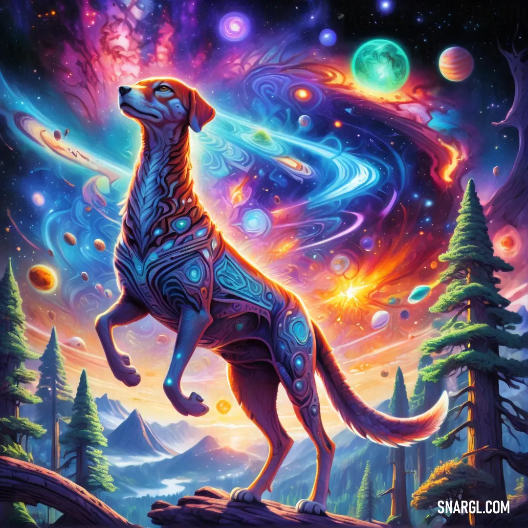 Dog standing on a rock in the middle of a forest with planets and stars in the background