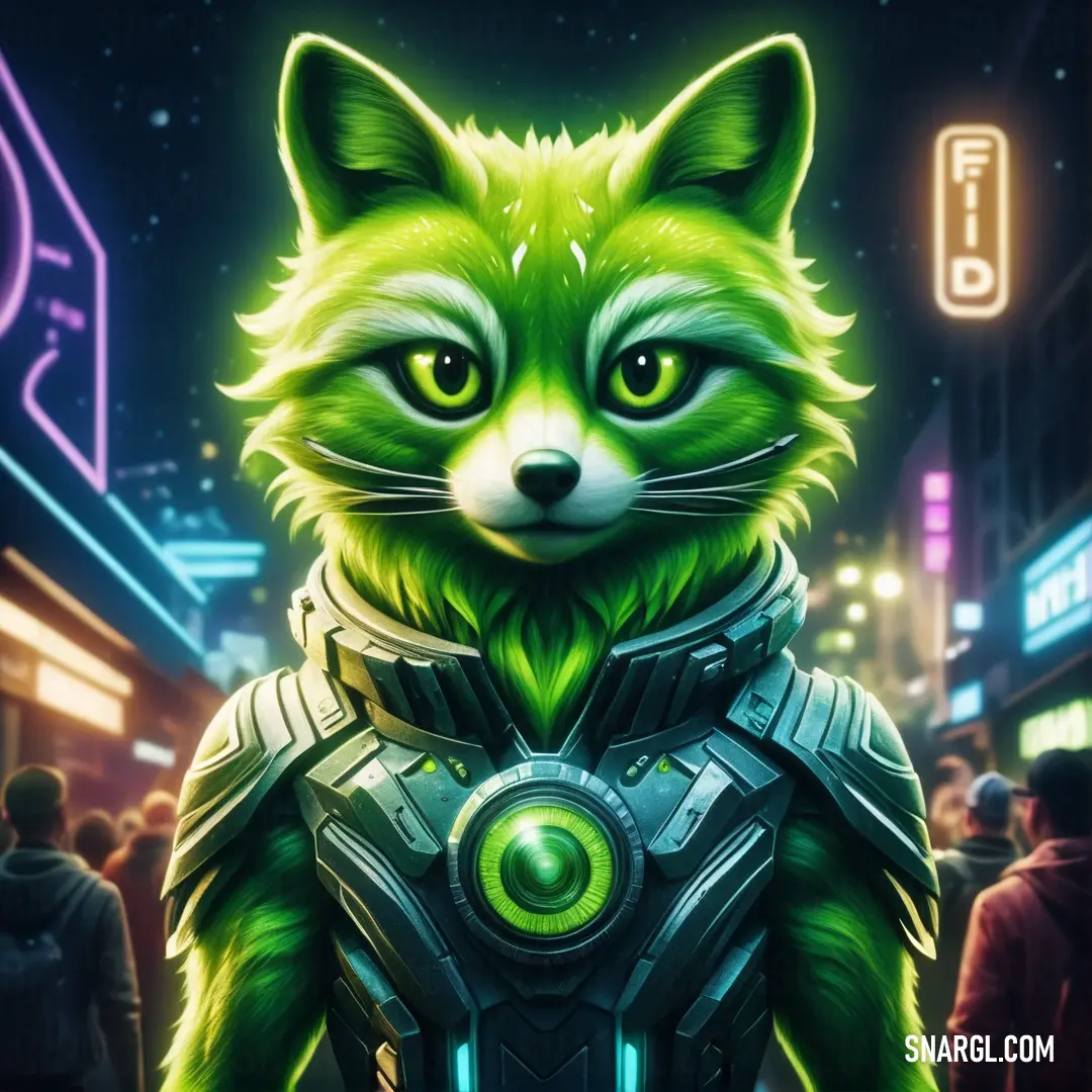 Green Galaxia in a futuristic suit standing in a city at night with neon lights and people in the background