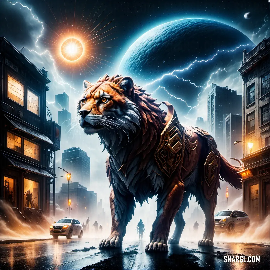 Painting of a tiger in a city at night with a full moon in the background