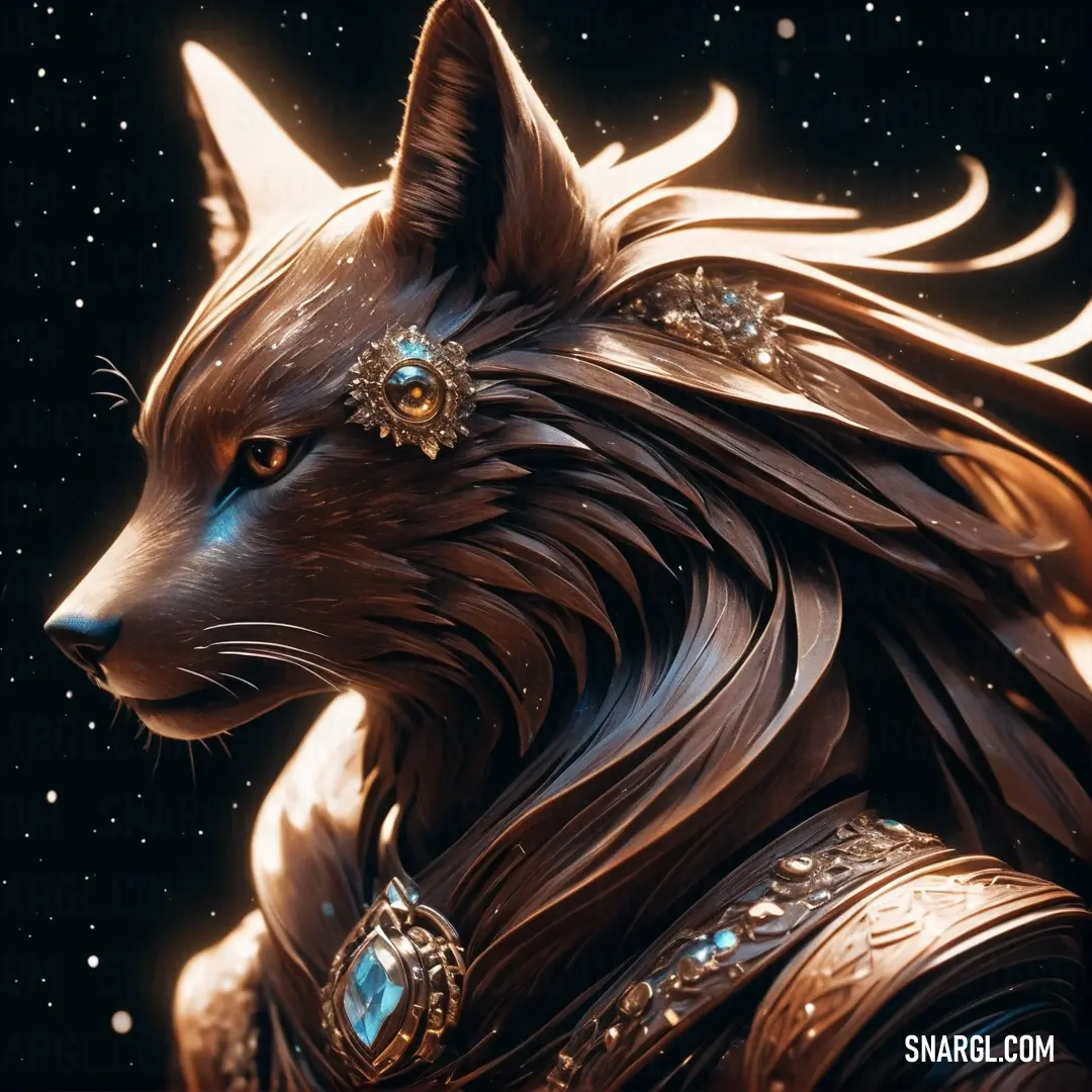 Painting of a wolf wearing a leather outfit with jewels on its chest and a star in the background