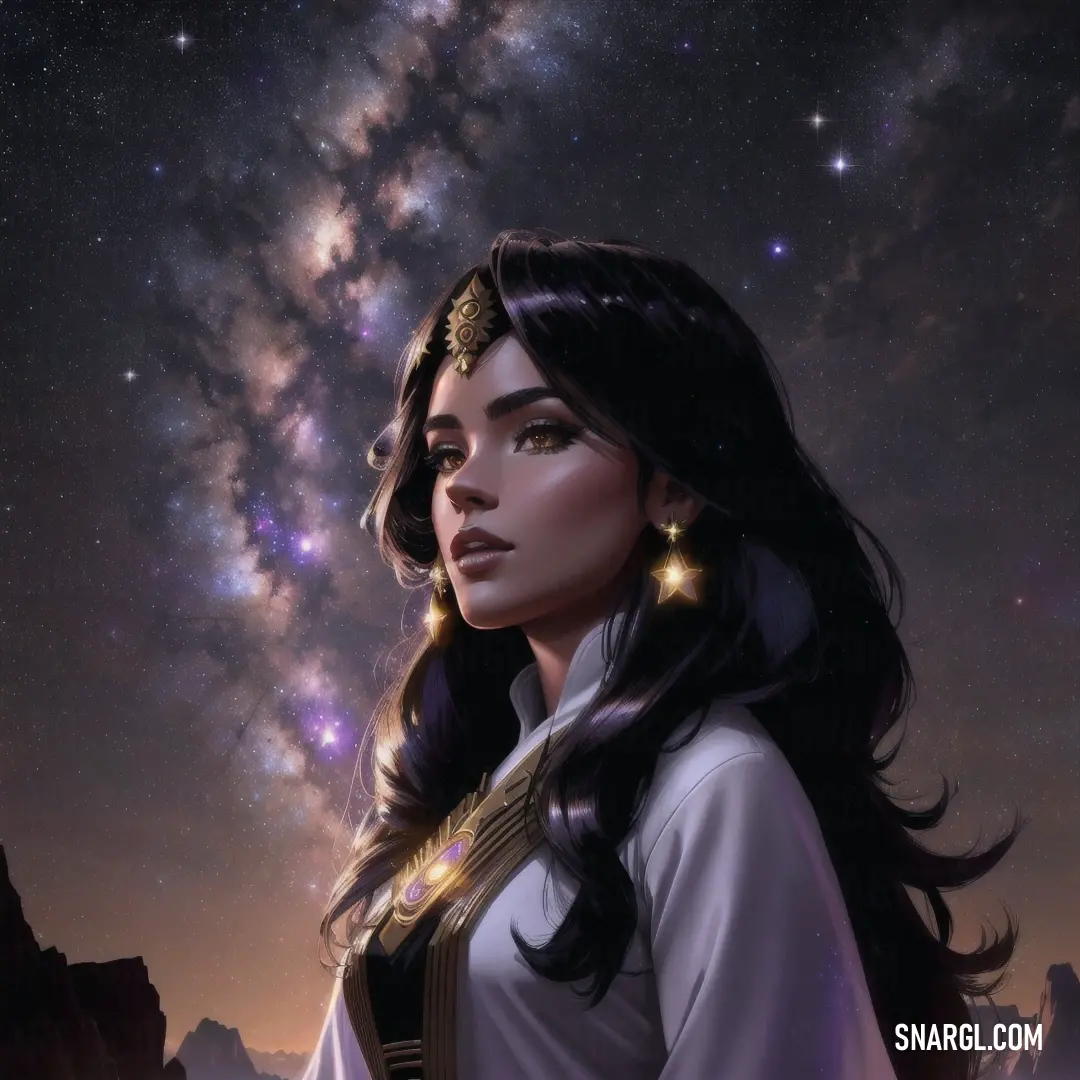 Galaxia with long hair and a star in her hair is standing in front of a night sky with stars