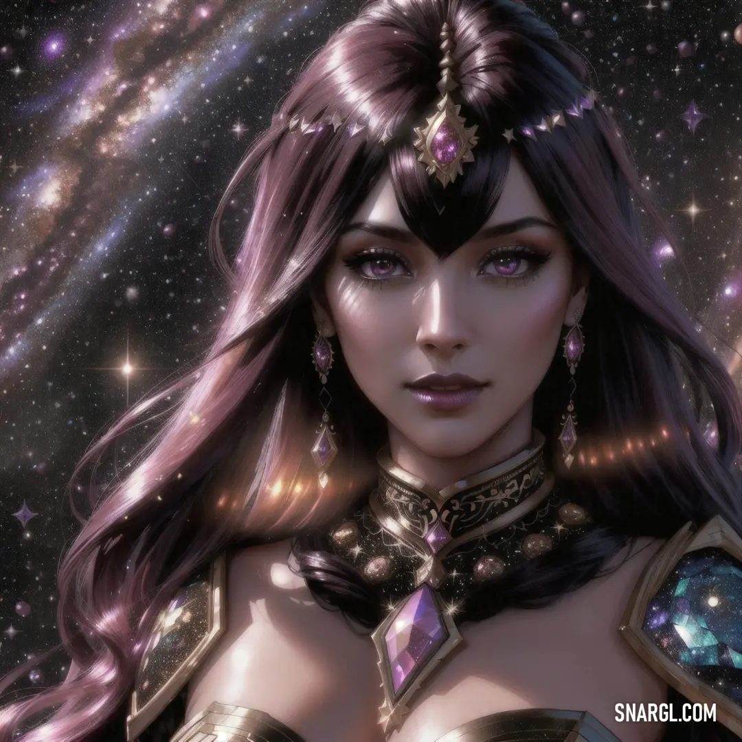 Galaxia with long hair and a costume on in front of a galaxy background