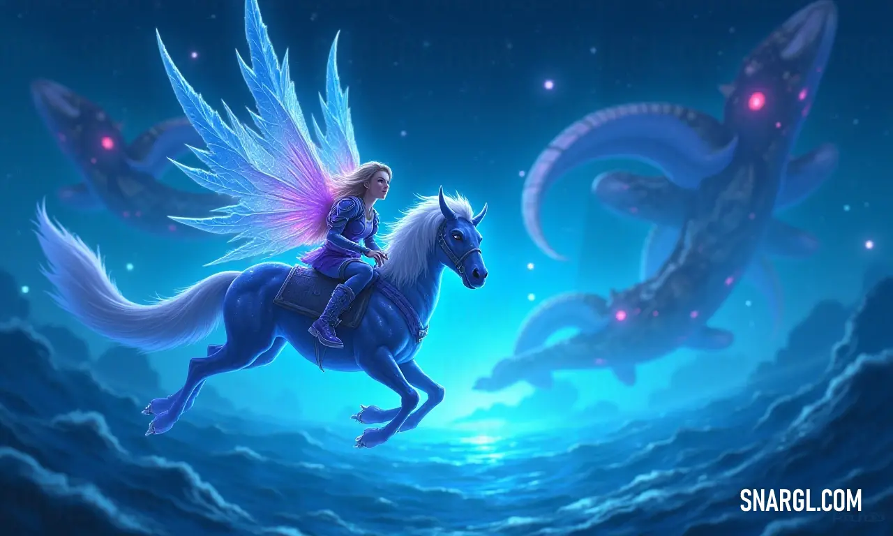 A spirited woman rides a horse through the ocean, accompanied by dancing dolphins in a vibrant setting. A vivid painting depicts a woman skillfully riding a majestic horse through the azure ocean waves, where playful dolphins leap joyfully in the background, creating a harmonious blend of adventure and freedom in the open sea.