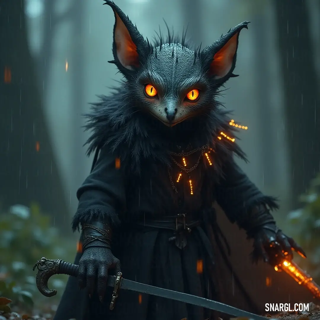 A fierce warrior named Galdur, with luminous eyes that pierce through the shadows, brandishes a mighty sword amidst an enchanting forest alive with vibrant leaves and towering trees, embodying strength and mystique.
