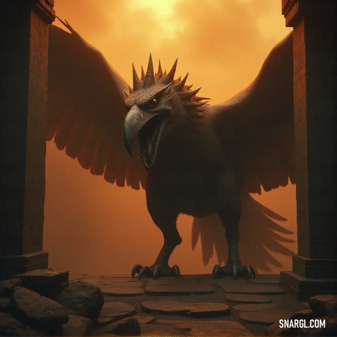 A Galebreaker with imposing spiked wings stands in front of a timeless doorway, illuminated by the glow of a breathtaking sunset, adding a sense of grandeur to the scene. A majestic Galebreaker with sharp spikes protruding from its wings stands boldly before an ancient doorway, framed by a brilliant sunset that casts warm hues across the scene.