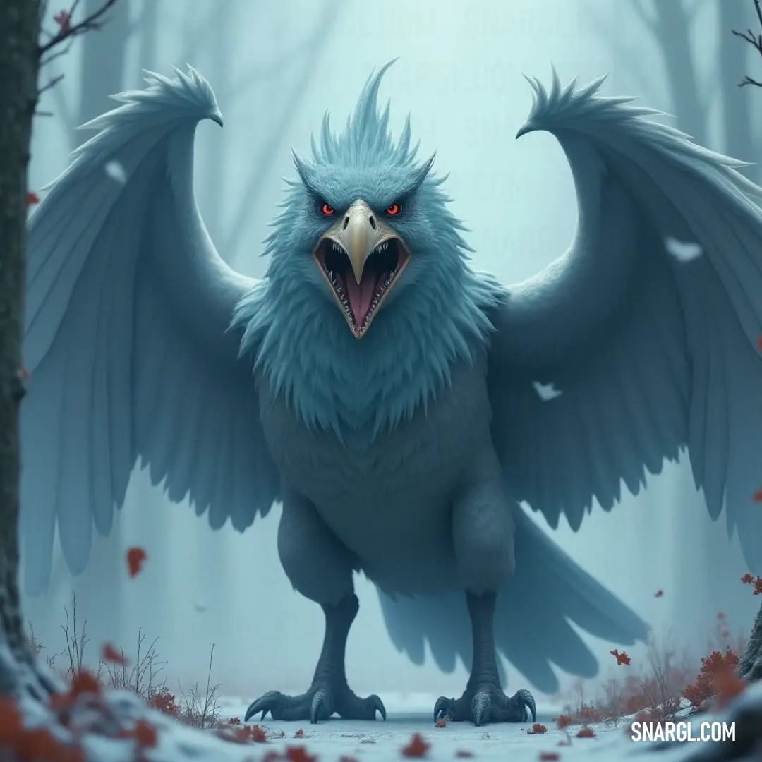 Galeclaw stands in the woods, wings spread wide and mouth open, displaying its strength and readiness to take on any threat. A Galeclaw stands tall in the woods with wings spread wide, its mouth open in a fierce display. Its sharp eyes pierce the air as it readies itself for action, surrounded by towering trees and dark shadows.