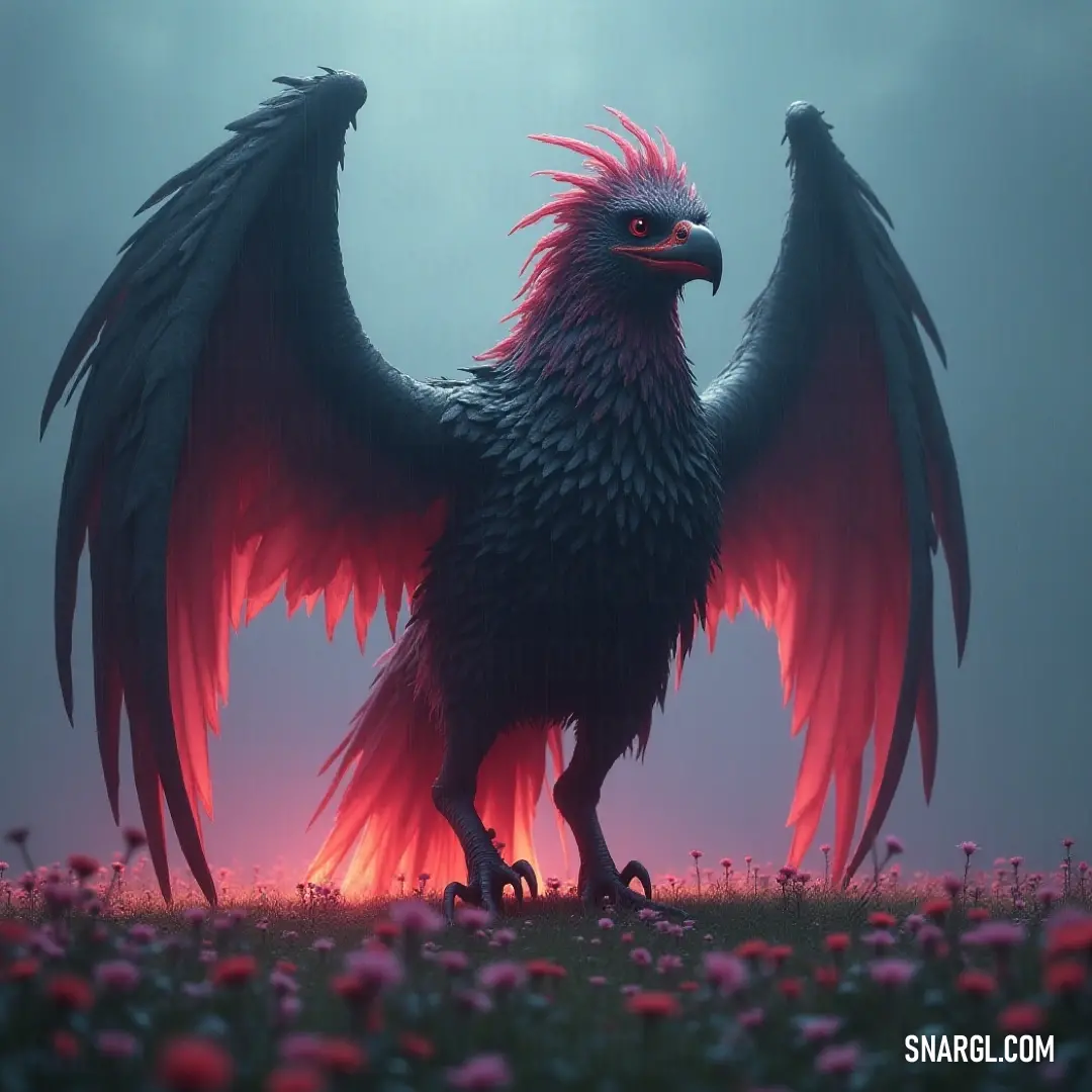 Galecrusher with red feathers spreads its wings in a flower-filled field at sunset, showcasing both beauty and might. A massive Galecrusher with red feathers stands proudly in a field of vibrant flowers. Its wings are spread wide, catching the warm glow of the setting sun in a peaceful yet powerful display of nature.