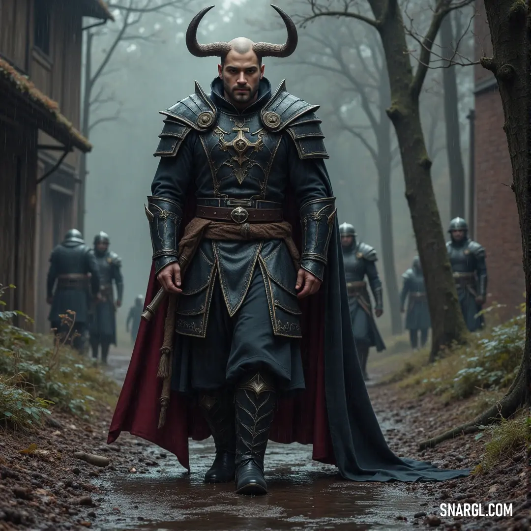 A mysterious figure with horns strolls through a misty, overgrown forest, embodying an aura of enchantment and secrecy. A figure in an elaborate costume adorned with horns walks along a moss-covered path through a dense, misty forest. Tall trees and thick foliage surround the figure, creating an ethereal atmosphere that feels both mysterious and ancient.