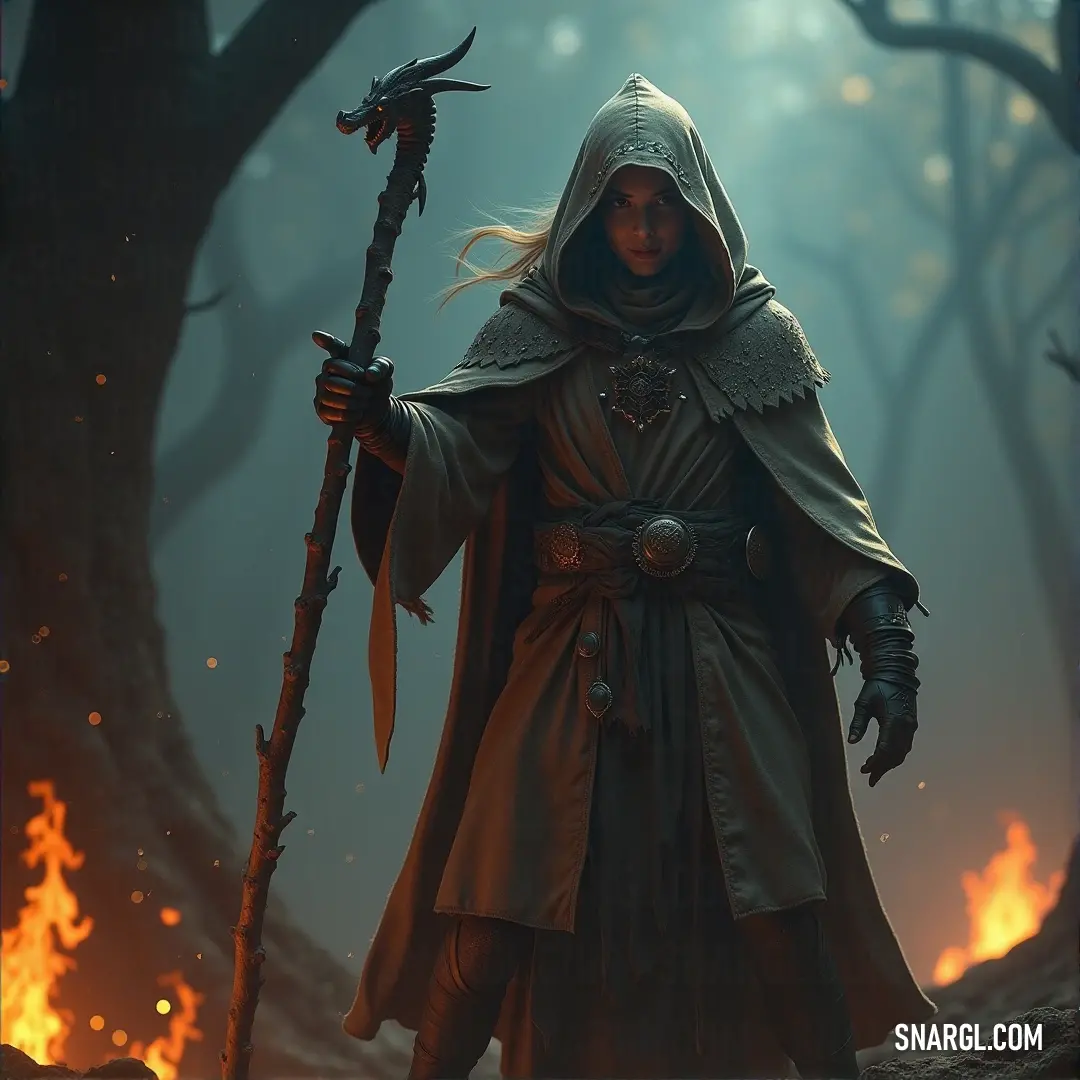 A lone warrior in a hooded cloak grips his staff, standing firm in a forest consumed by fire. Flames dance around him as he faces the chaos. A hooded figure stands in the heart of a burning forest, gripping a sturdy wooden staff. His piercing gaze cuts through the flames as embers swirl around him, casting an intense glow on his rugged outfit.
