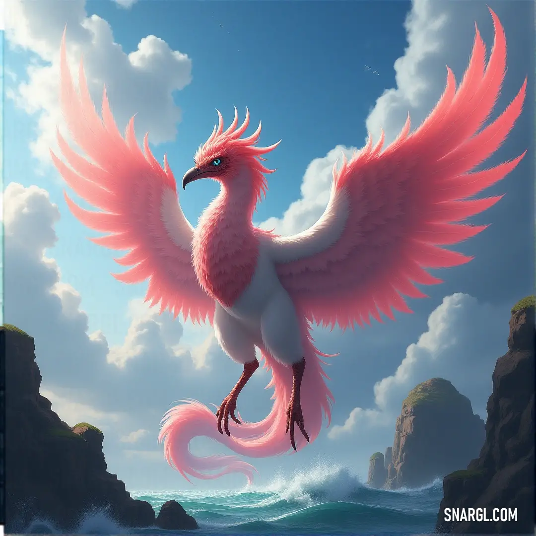 A Pink Galewhisper with white wings gracefully flying over a serene body of water, with a dramatic cliff in the distance, capturing the beauty of nature in full flight. A majestic Pink Galewhisper with soft white wings soars gracefully above a shimmering body of water, with a towering cliff backdrop, as the sunlight glistens off its delicate form in mid-flight.