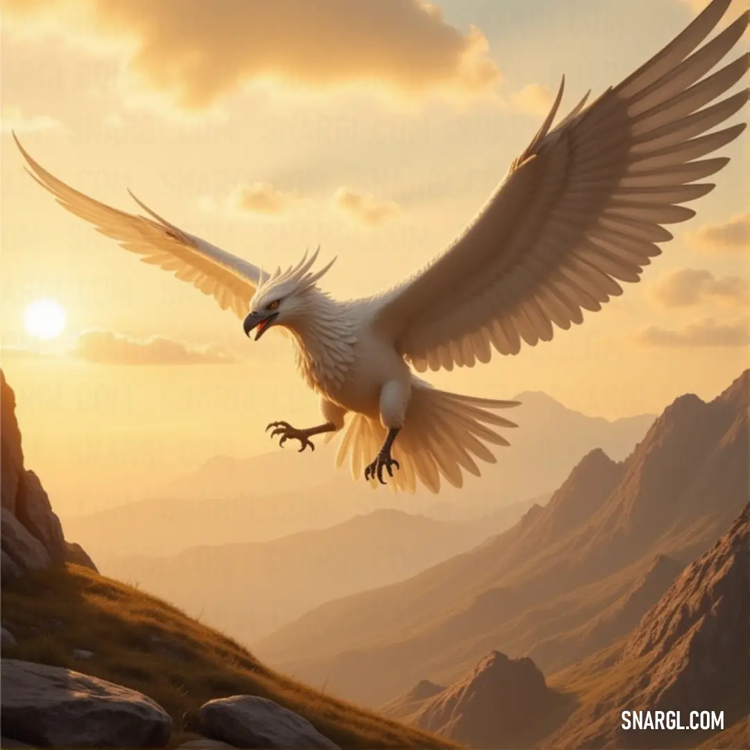 A Galewing bird glides effortlessly over a mountain range, its wings spread wide, as the golden hues of a setting sun light up the sky, casting dramatic shadows over the rugged terrain below.