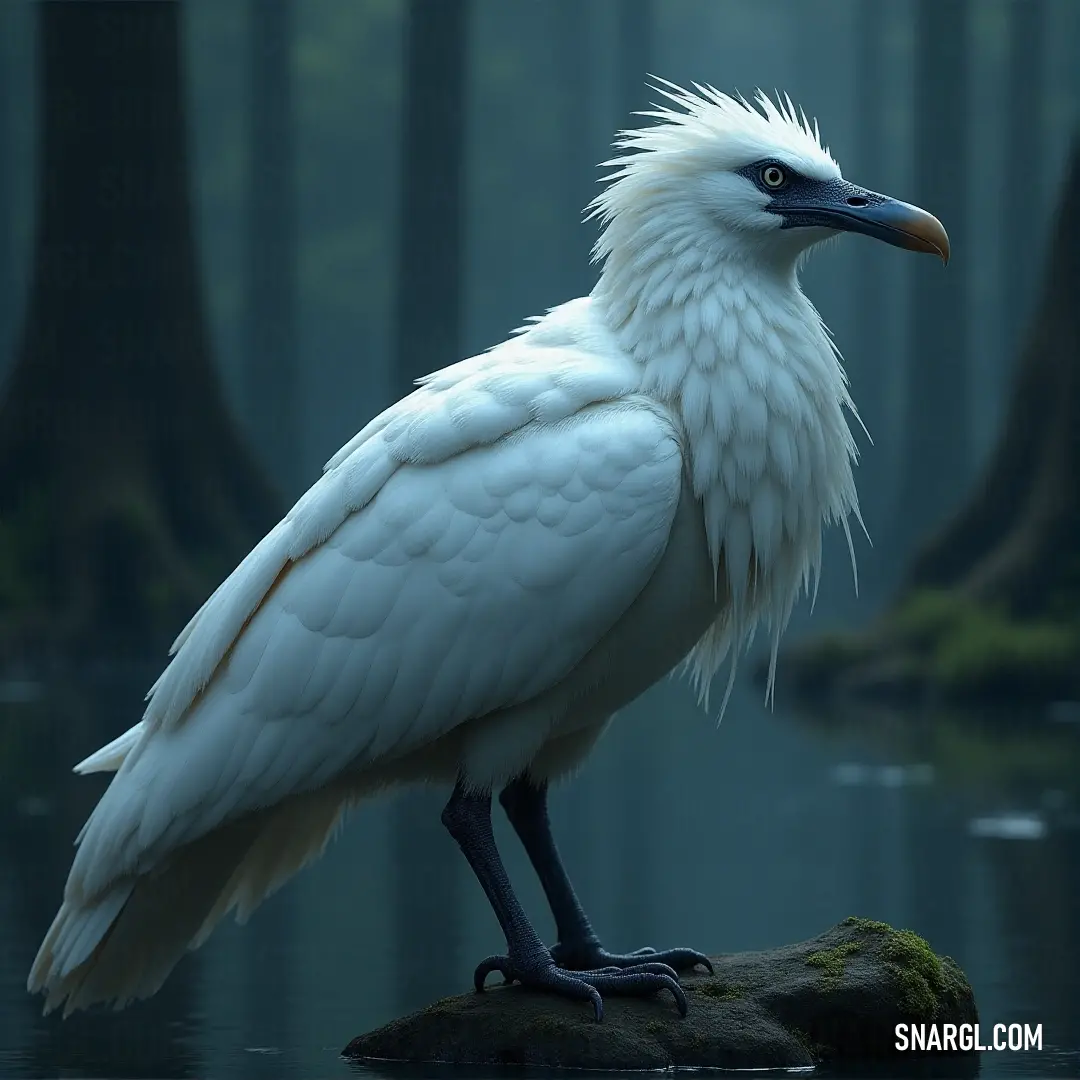 Experience the serene elegance of a White Galewing as it stands on a rocky outcrop, enveloped by the lush greenery and calm waters of a tranquil swamp, a moment of peace in nature. A graceful White Galewing standing quietly on a moss-covered rock in a lush, swampy area, surrounded by vibrant green trees that reflect the tranquility of its natural habitat.