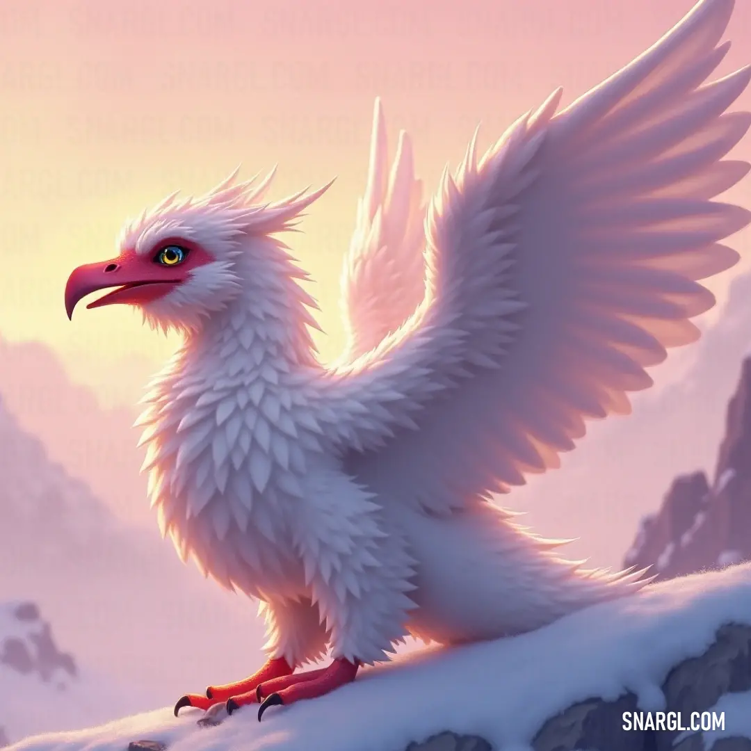 Marvel at the striking sight of a White Galewing standing resilient on a snowy rock, its vivid red beak almost glowing in the crisp, frosty air, against the breathtaking mountain scenery. A stunning White Galewing perched atop a rugged rock amidst a snowy landscape, its vibrant red beak and pristine feathers contrasting beautifully with the majestic mountains looming in the background.