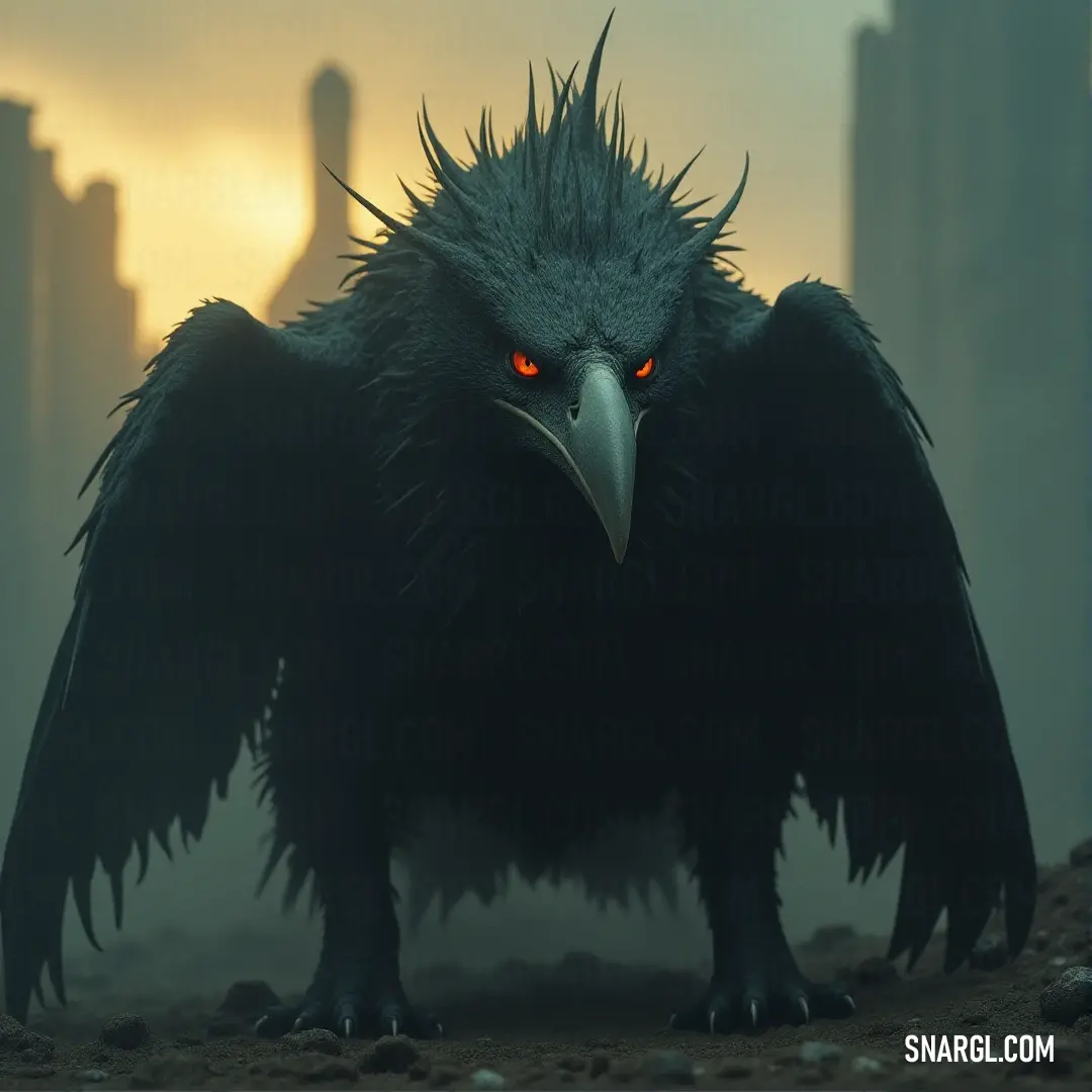 A large bird with red eyes stands in a foggy space, the distant city shrouded in mist. Its powerful presence is framed against the haze, making it a figure of awe and mystery. A grand, red-eyed bird with sleek, dark feathers stands tall in a foggy, desolate area, the distant city behind it barely visible through the haze. The bird’s gaze is sharp and intense, its figure both mysterious and foreboding against the backdrop
