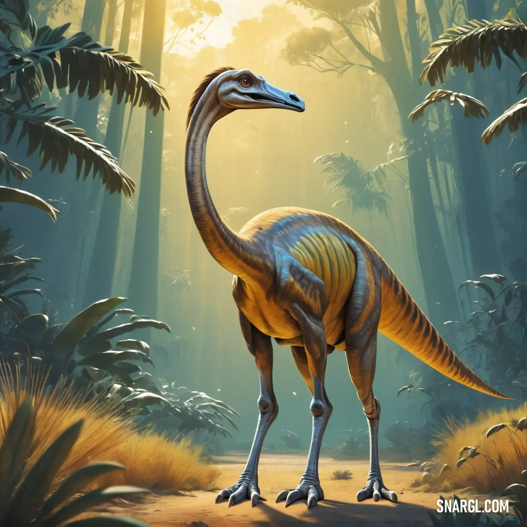 Gallimimus standing in a forest with trees and plants in the background