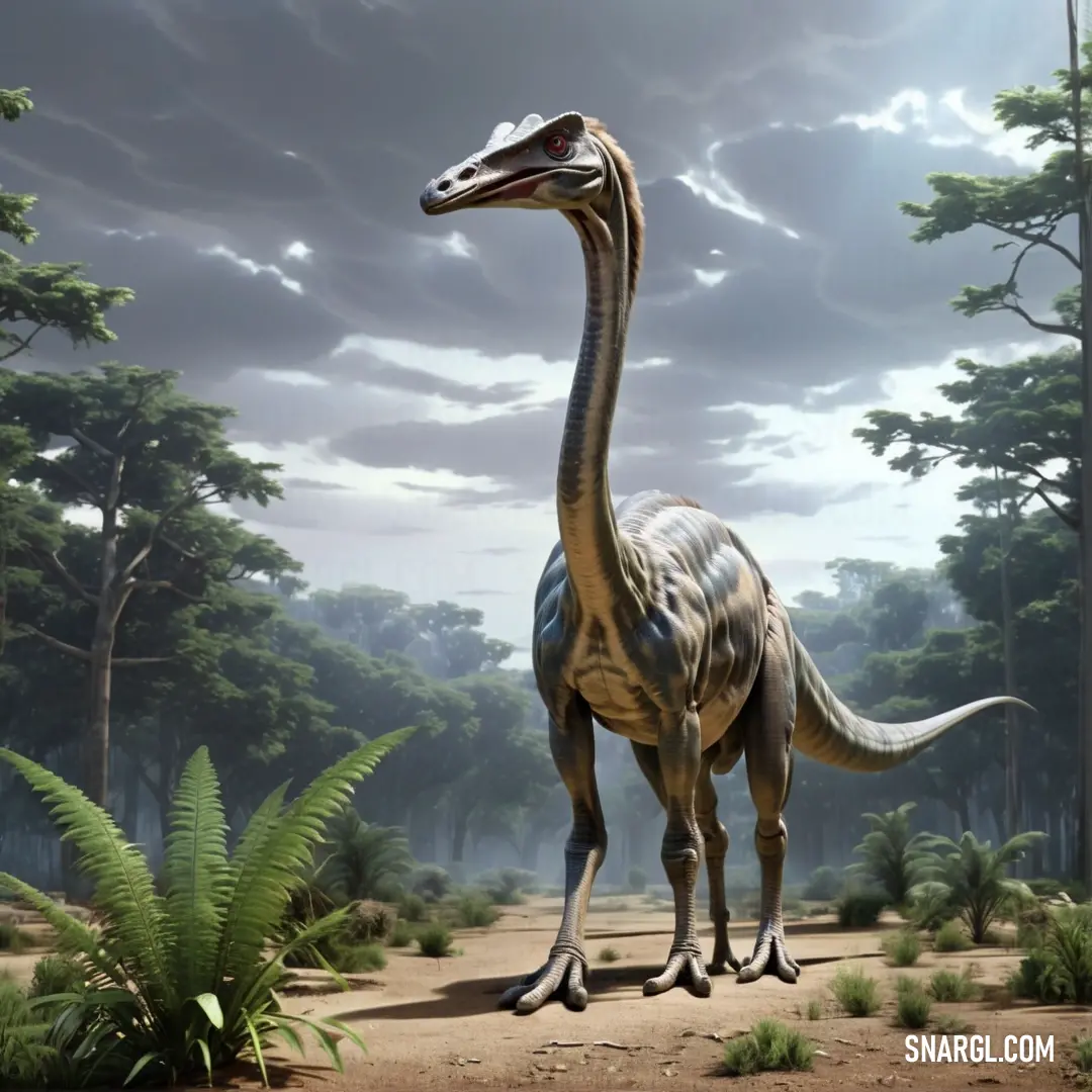 Gallimimus standing in a forest with trees and bushes in the background