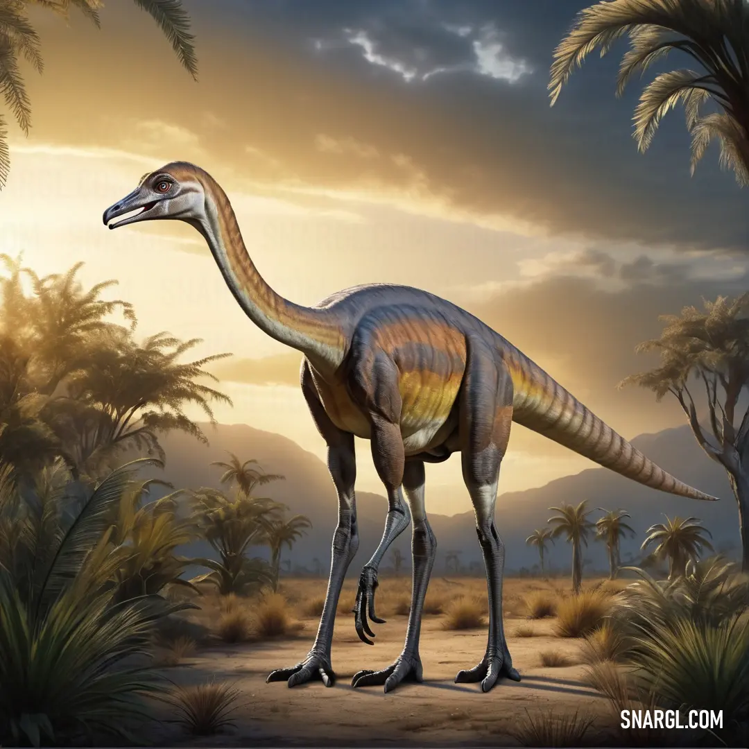 Gallimimus standing in a desert with palm trees in the background