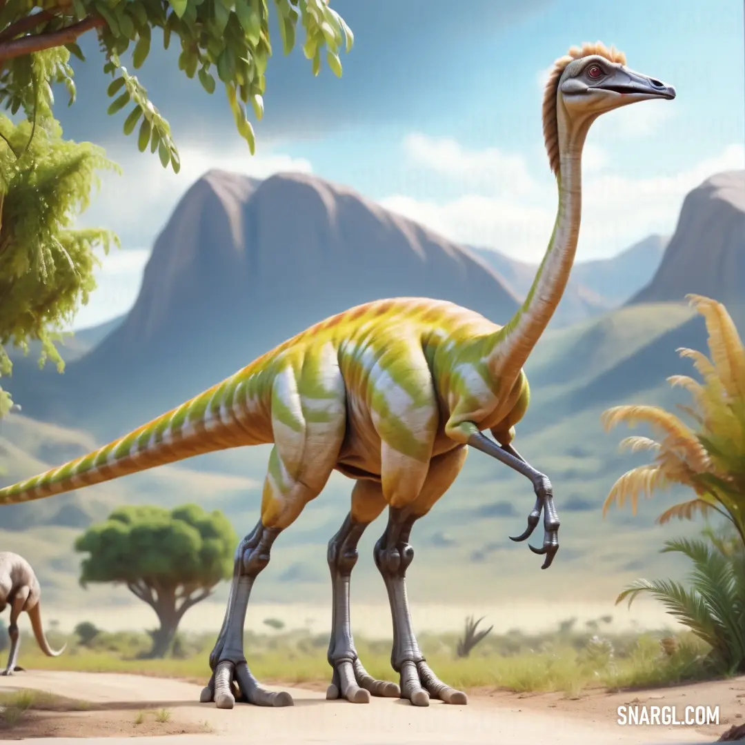 Gallimimus with a long neck and legs standing in a field with other animals and trees in the background