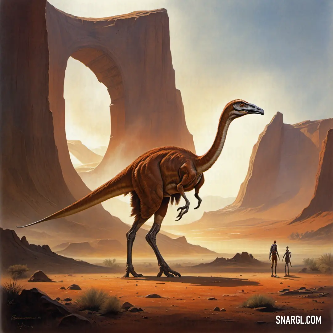 Painting of a Gallimimus in a desert setting with two people standing in the background