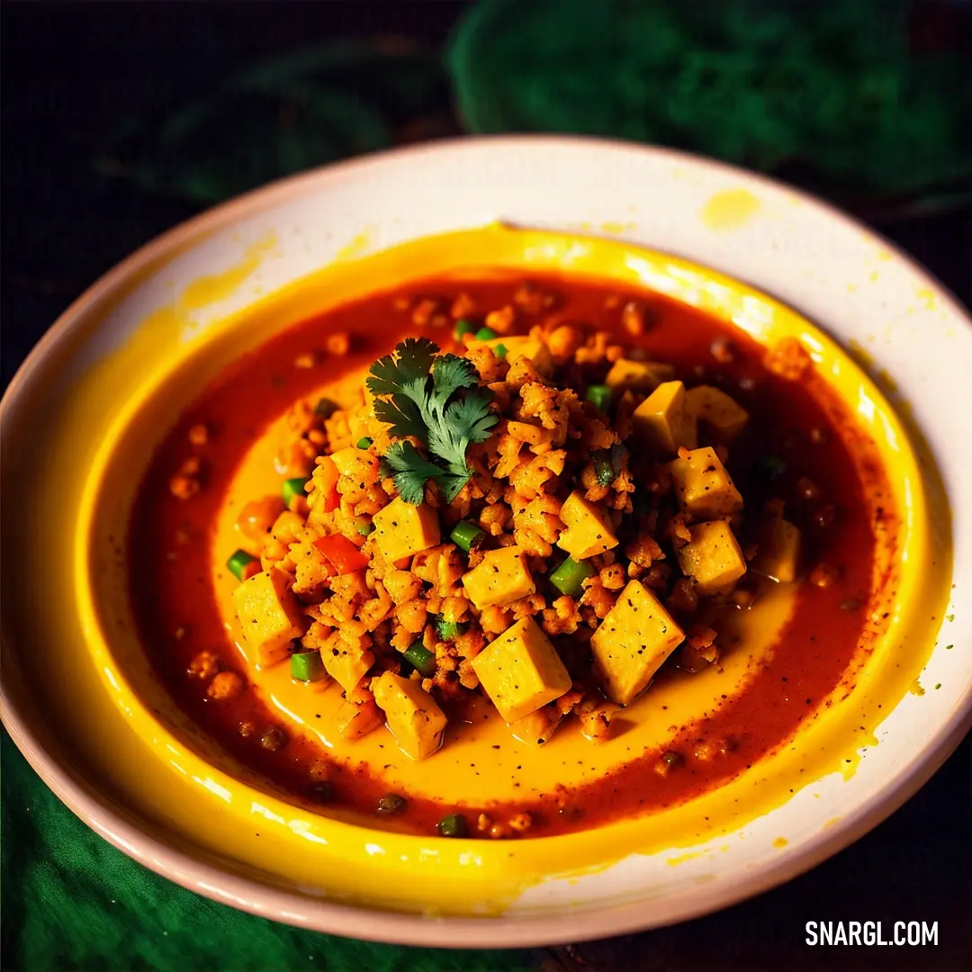 Bowl of food with tofu and sauce on a table top with a green table cloth