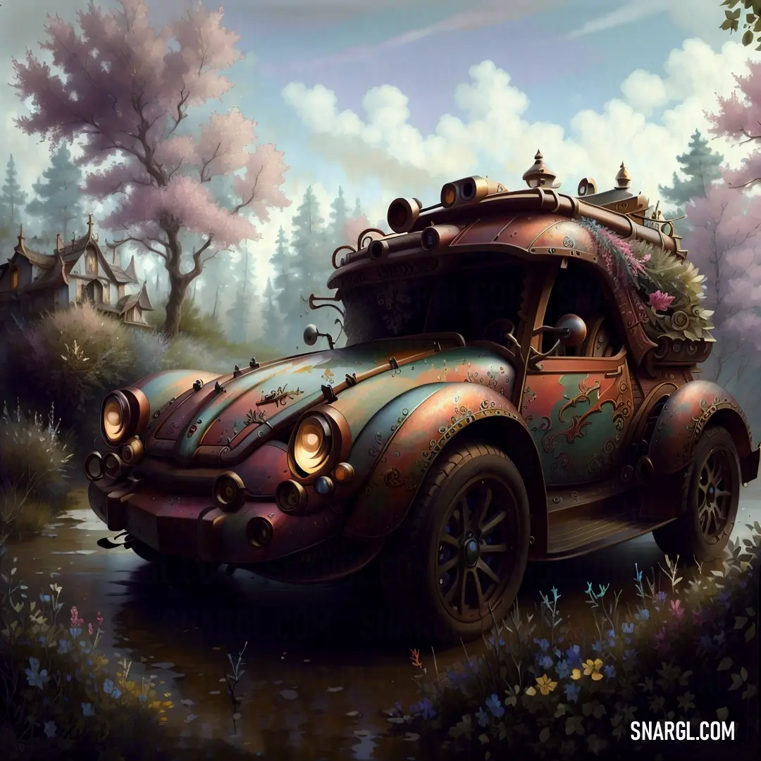 Car with a trunk on the back of it parked in a field of flowers and trees with a sky background