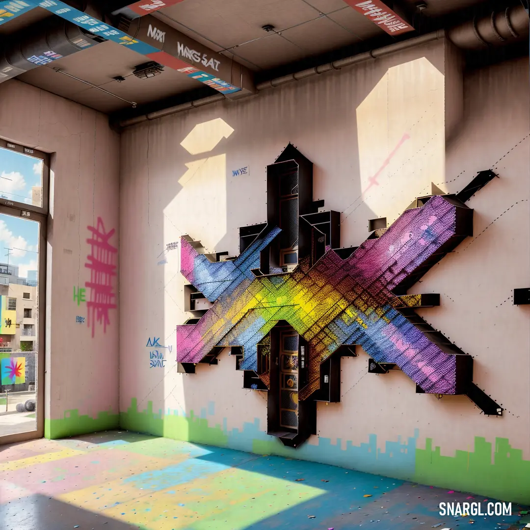 Colorful wall with a large cross on it in a room with a window