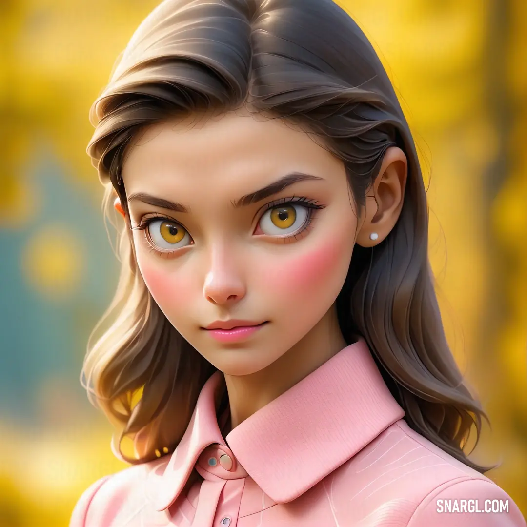 Digital painting of a woman with long hair and a pink shirt on her shirt is looking at the camera