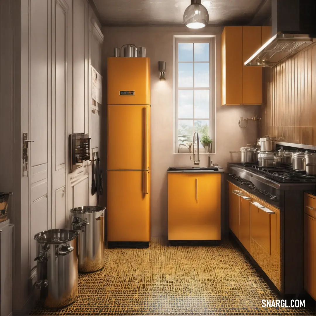 Kitchen with yellow cabinets and a black counter top and a window with a skylight above it. Color Gamboge.