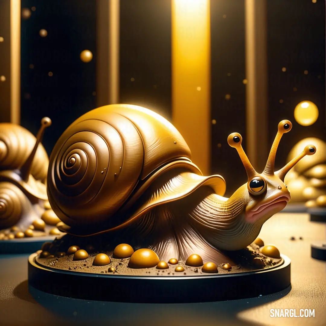 Snail statue on top of a table next to a candle holder and a wall of gold balls. Example of #E49B0F color.