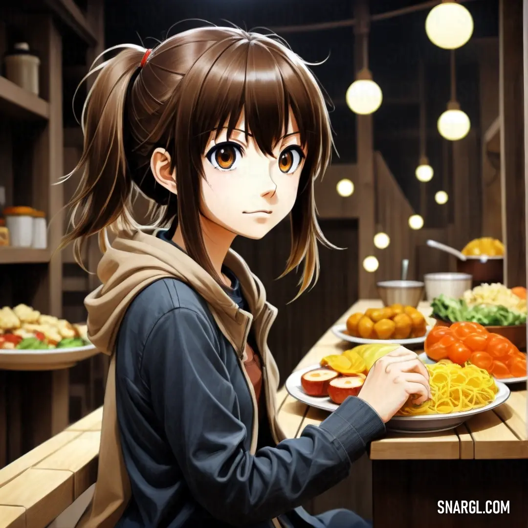 Girl at a table with food on it and a plate of food in front of her. Example of Gamboge color.