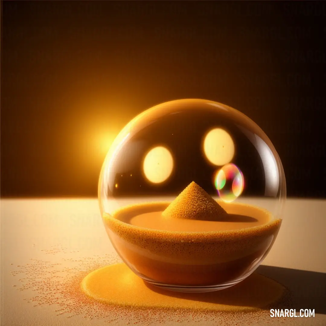 Glass ball with a sand inside of it on a table with a light shining on it and a shadow of a bowl. Color RGB 228,155,15.