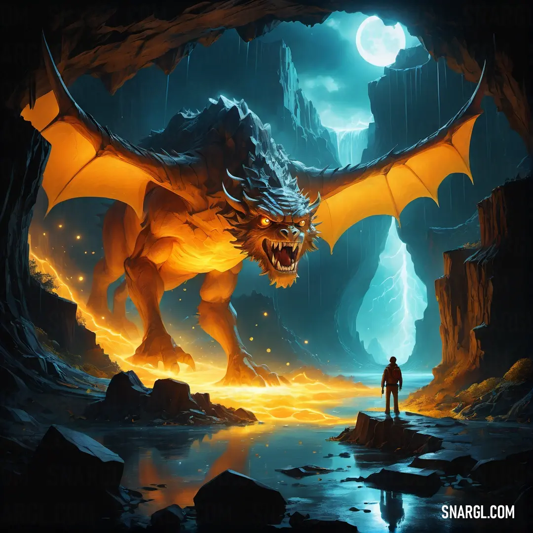 Man standing in front of a dragon in a cave with a full moon in the background and a man standing in front of a cave