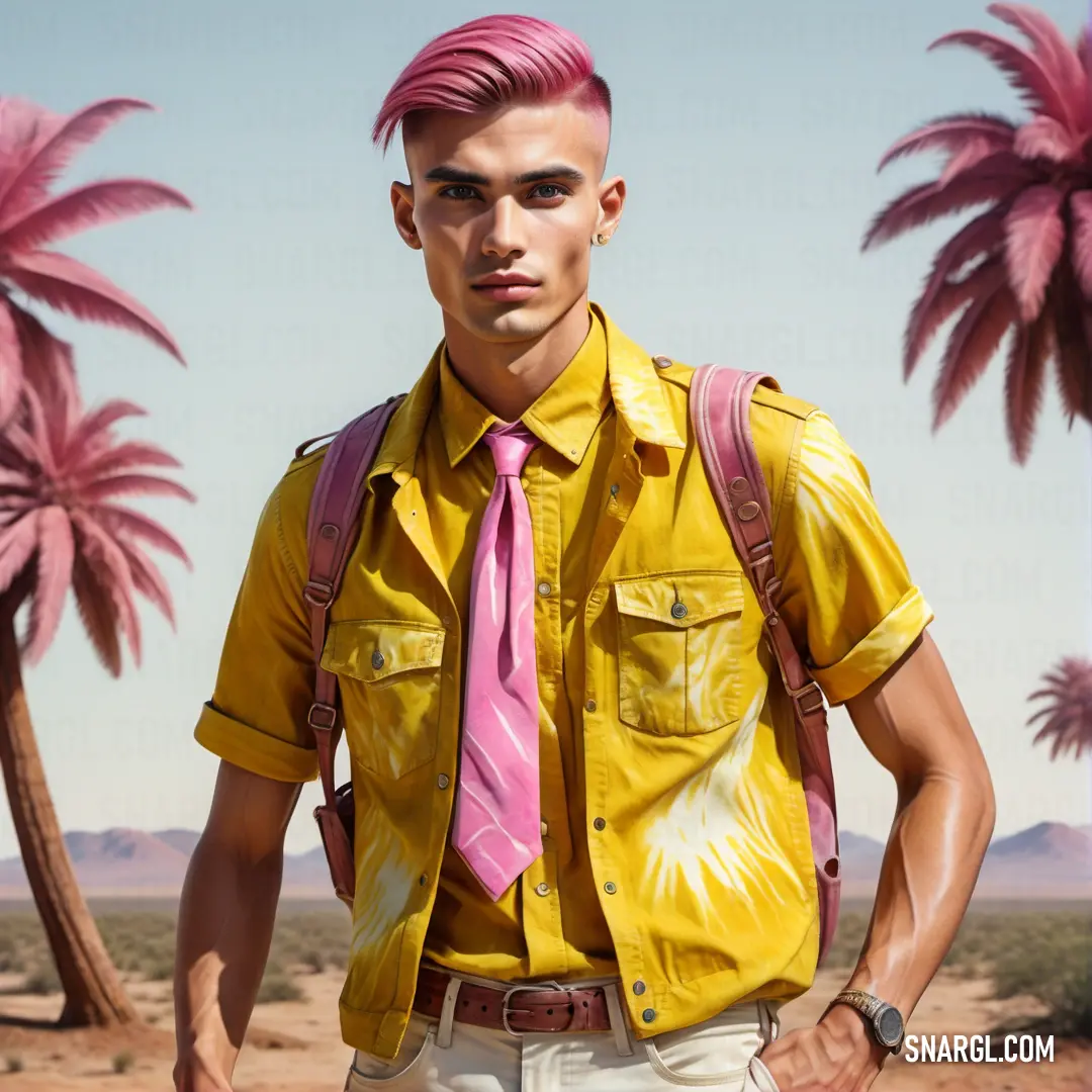 Man with pink hair and a yellow shirt and tie standing in front of palm trees