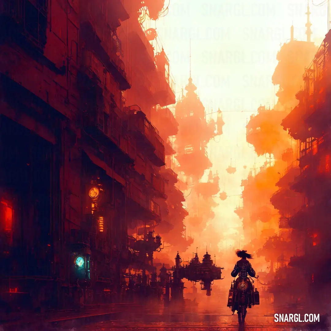 Person walking down a street in a city at sunset with a large amount of smoke coming from the buildings