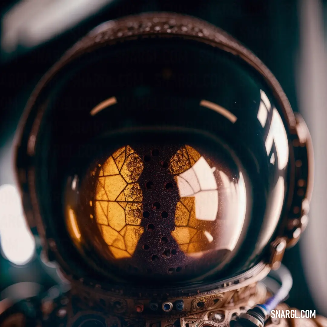 Reflection of a person in a space suit with a camera attached to it's back end. Color CMYK 0,32,93,11.