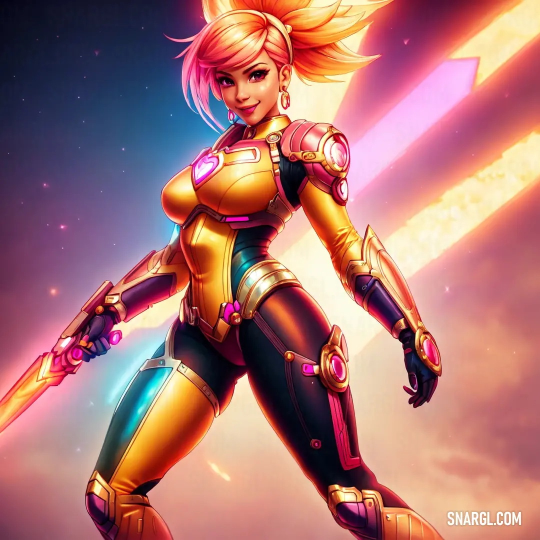 Woman in a futuristic suit holding a sword in front of a sky background. Color Gamboge.