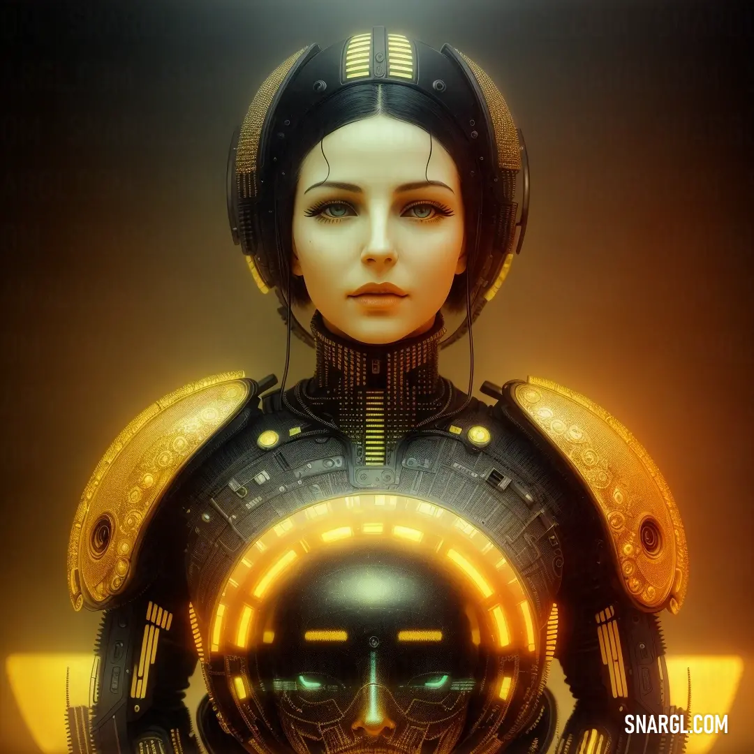 Woman in a futuristic suit with a glowing face and a glowing helmet on her head. Example of #E49B0F color.