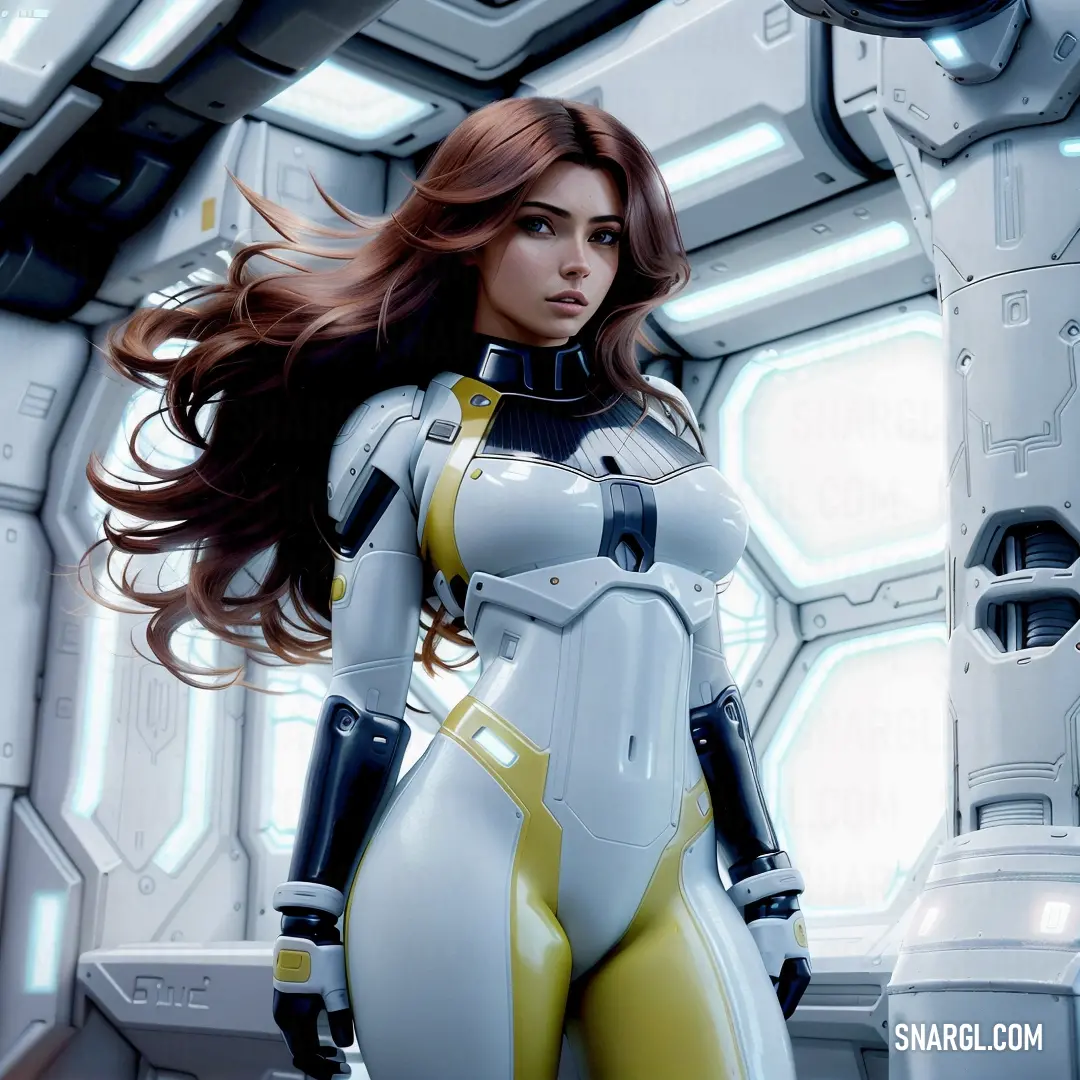 Woman in a futuristic suit standing in a space station