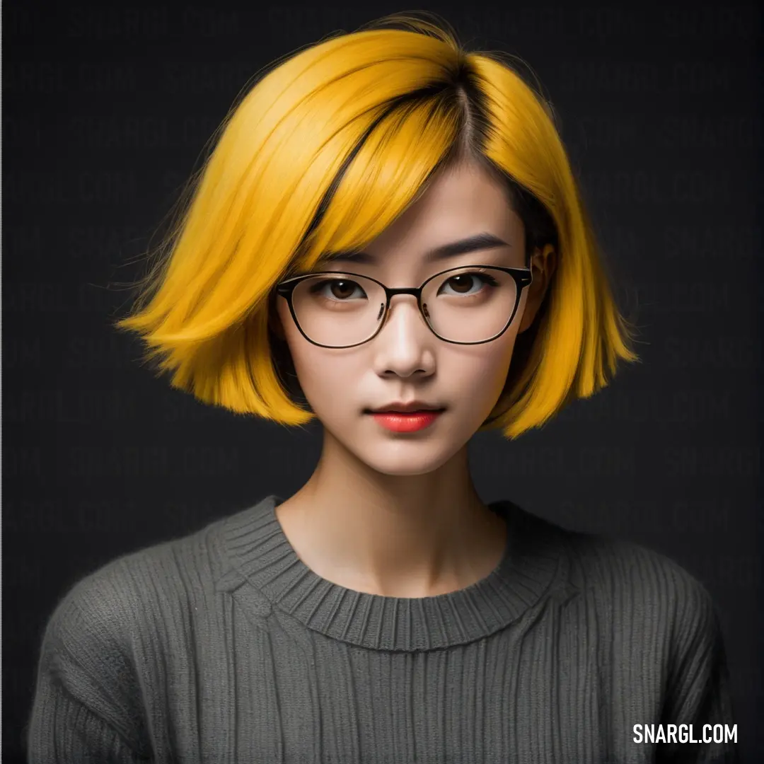 Woman with glasses and a yellow wig is posing for a picture in a studio photo with a black background. Example of #E49B0F color.