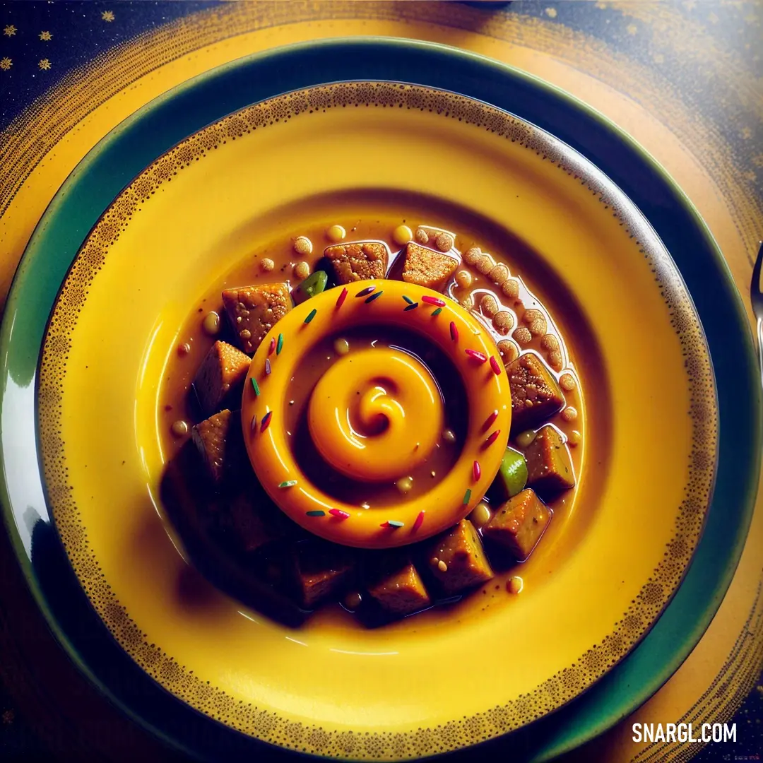 Yellow plate with a spiral of food on it and a fork on the side of it