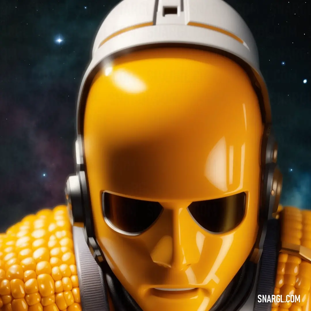 Yellow robot wearing headphones and a space background with stars