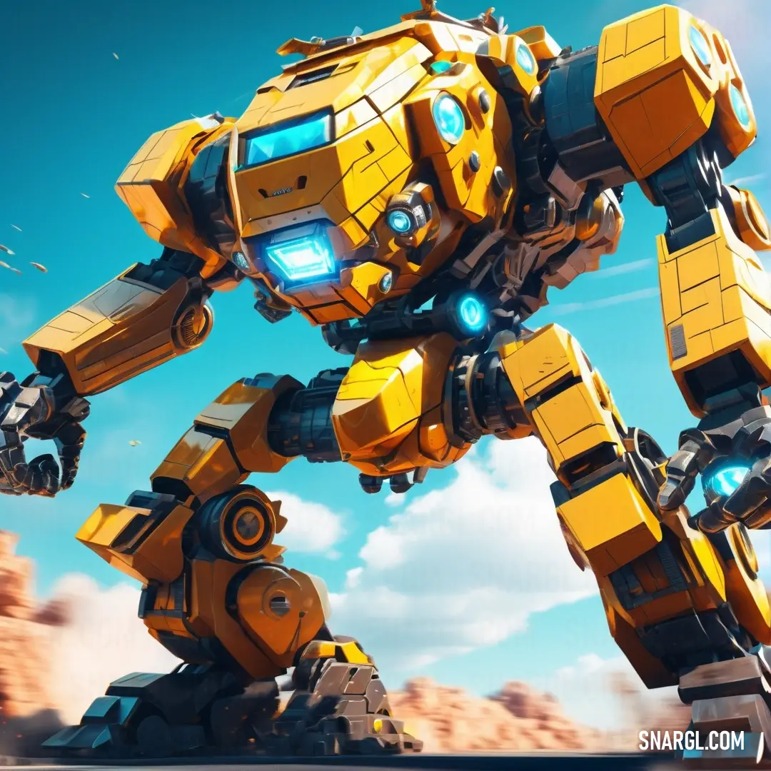 Gamboge color. Yellow robot with blue eyes standing in front of a blue sky with clouds and rocks in the background